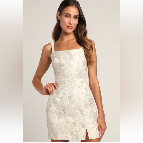 Lulus Shine For Us Cream Metallic Tropical Jacquard Mini Dress - Picture 2 of 3
